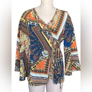 The Pyramid Collection‎ Womens Mix Print Wrap Top Size L Kimono Sleeve Festival